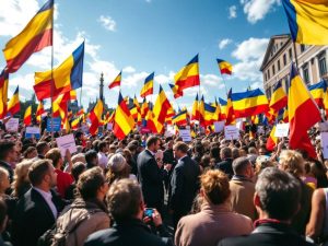 Scenă politică românească cu politicieni și mulțime diversă.