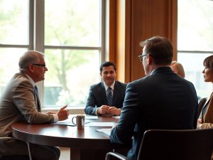 Întâlnire politică cu oameni diversificați discutând.