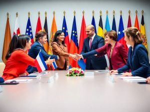 Diplomați strângând mâinile la o conferință internațională.