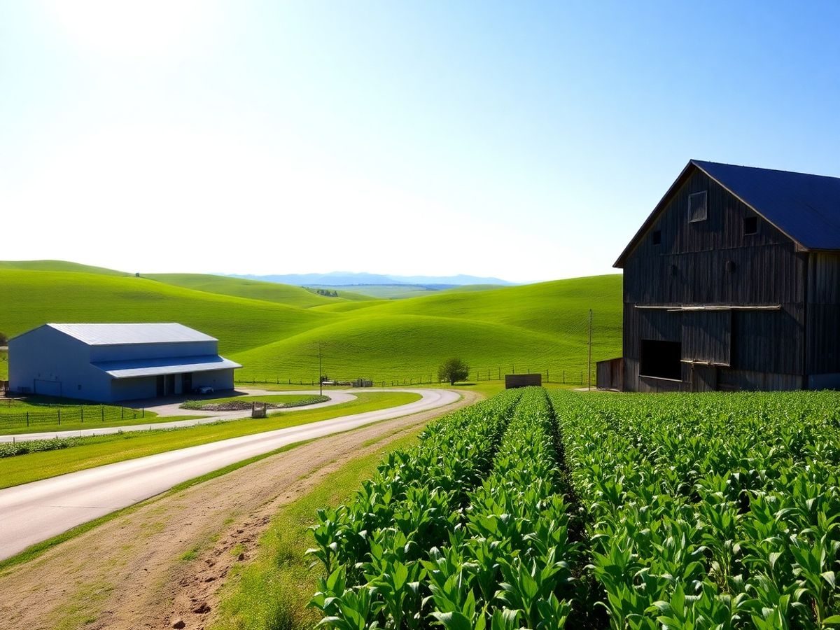 Peisaj rural, dealuri verzi, fermă modernă, drum asfaltat, câmpuri cultivate.