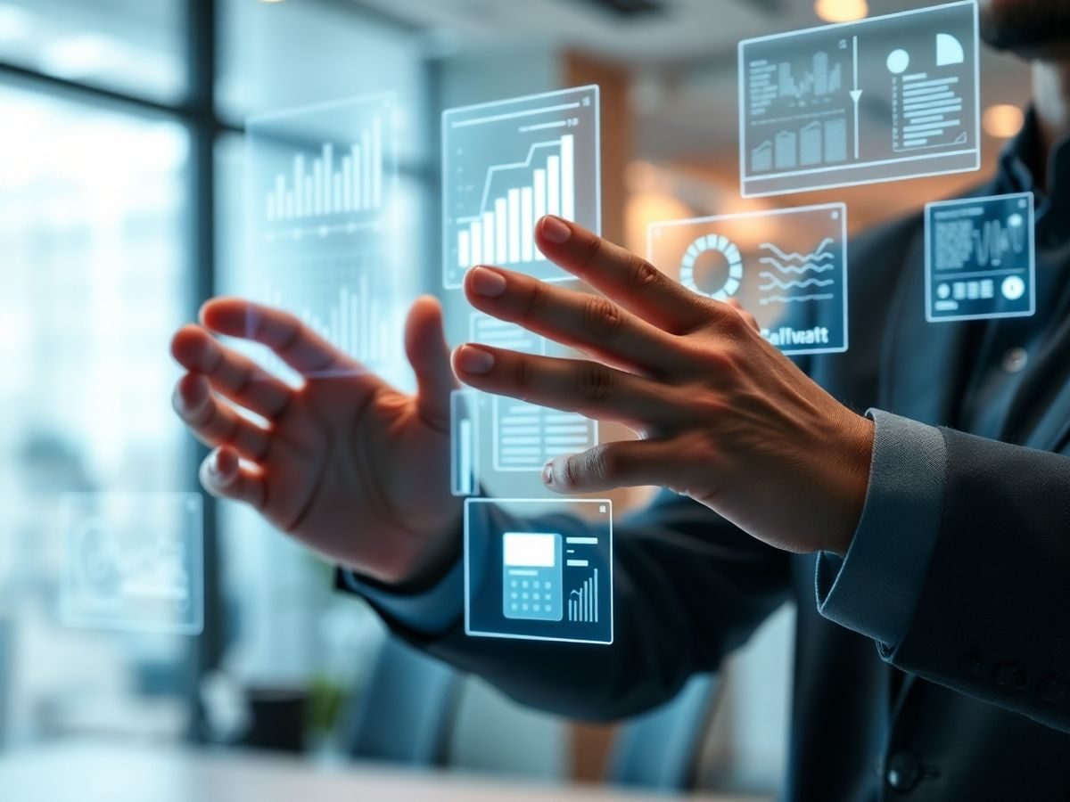 Birou modern, documente digitale, interfață interactivă.