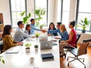 Doi colegi strâng mâna într-un birou modern, cu lumină naturală