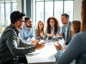 Oameni de afaceri discutând cu un consultant.