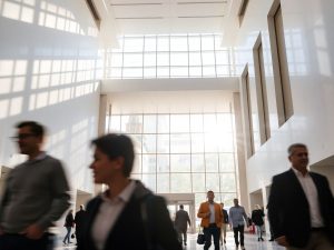 Clădiri guvernamentale luminoase și aerisite cu oameni în mișcare.