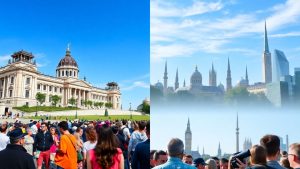 Parlament românesc și oameni din diverse culturi interacționând global.