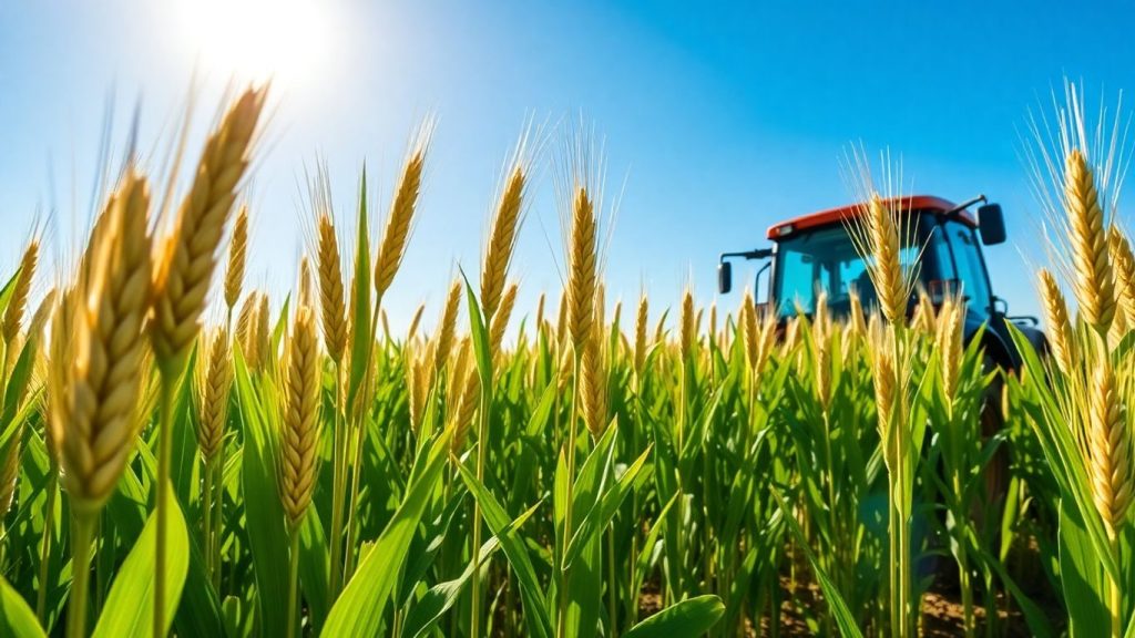 Câmp de grâu matur, tractor modern, cer albastru.