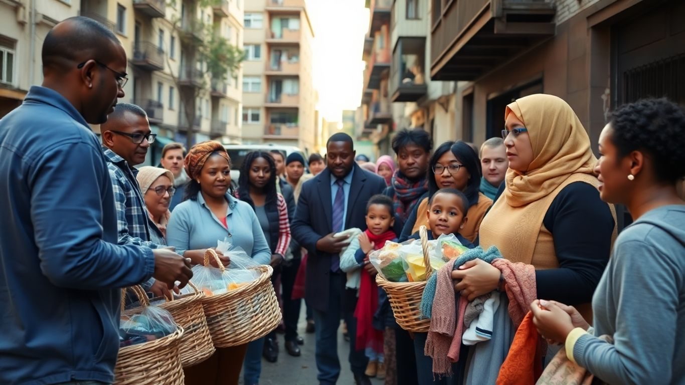 Grup de voluntari ajutând persoane vulnerabile într-un cartier urban.