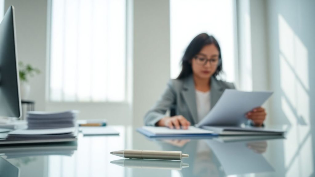 Simplificarea procesului administrativ, birou curat, documente organizate.