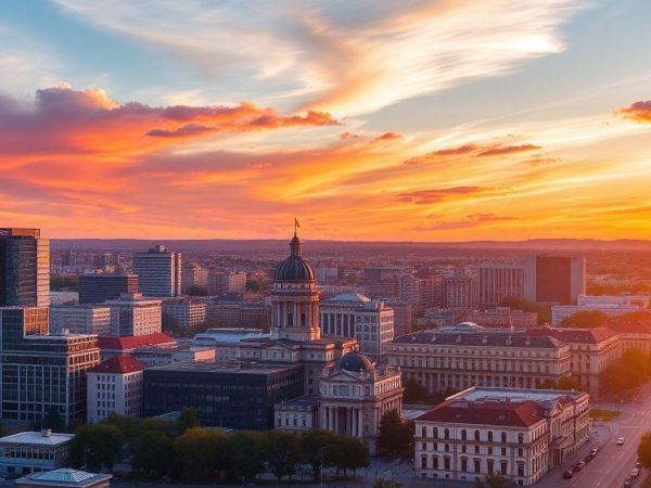 Peisaj urban al Bucureștiului la apus.