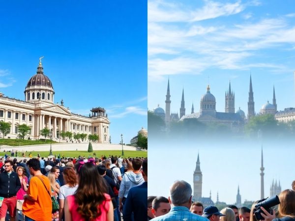 Parlament românesc și oameni din diverse culturi interacționând global.