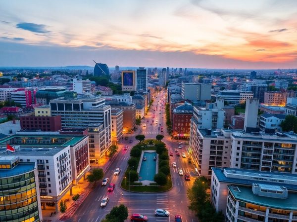 Orizont urban românesc cu clădiri moderne și viață activă.