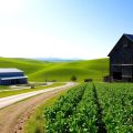 Peisaj rural, dealuri verzi, fermă modernă, drum asfaltat, câmpuri cultivate.