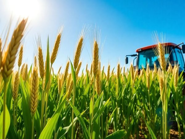 Câmp de grâu matur, tractor modern, cer albastru.