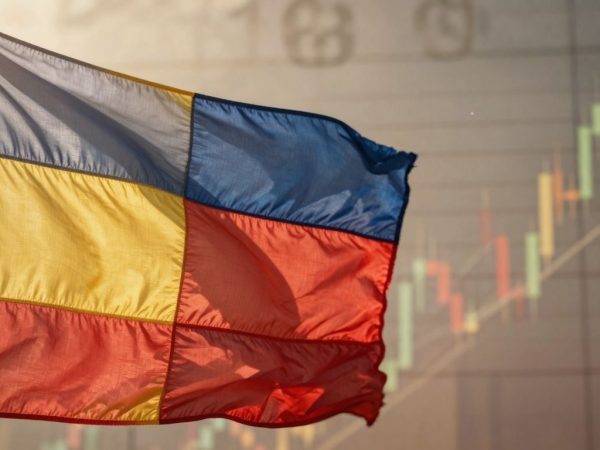 Steag românesc și simboluri financiare abstracte.