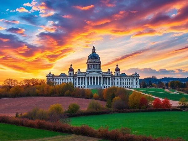 Peisaj românesc cu clădirea Parlamentului în fundal.