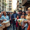 Grup de voluntari ajutând persoane vulnerabile într-un cartier urban.