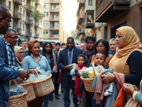 Grup de voluntari ajutând persoane vulnerabile într-un cartier urban.